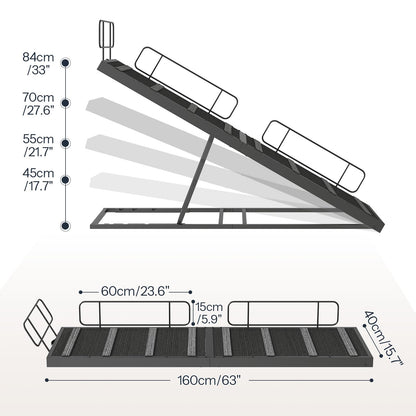 Measurement chart of a dog ramp with dimensions labeled in centimeters and inches.