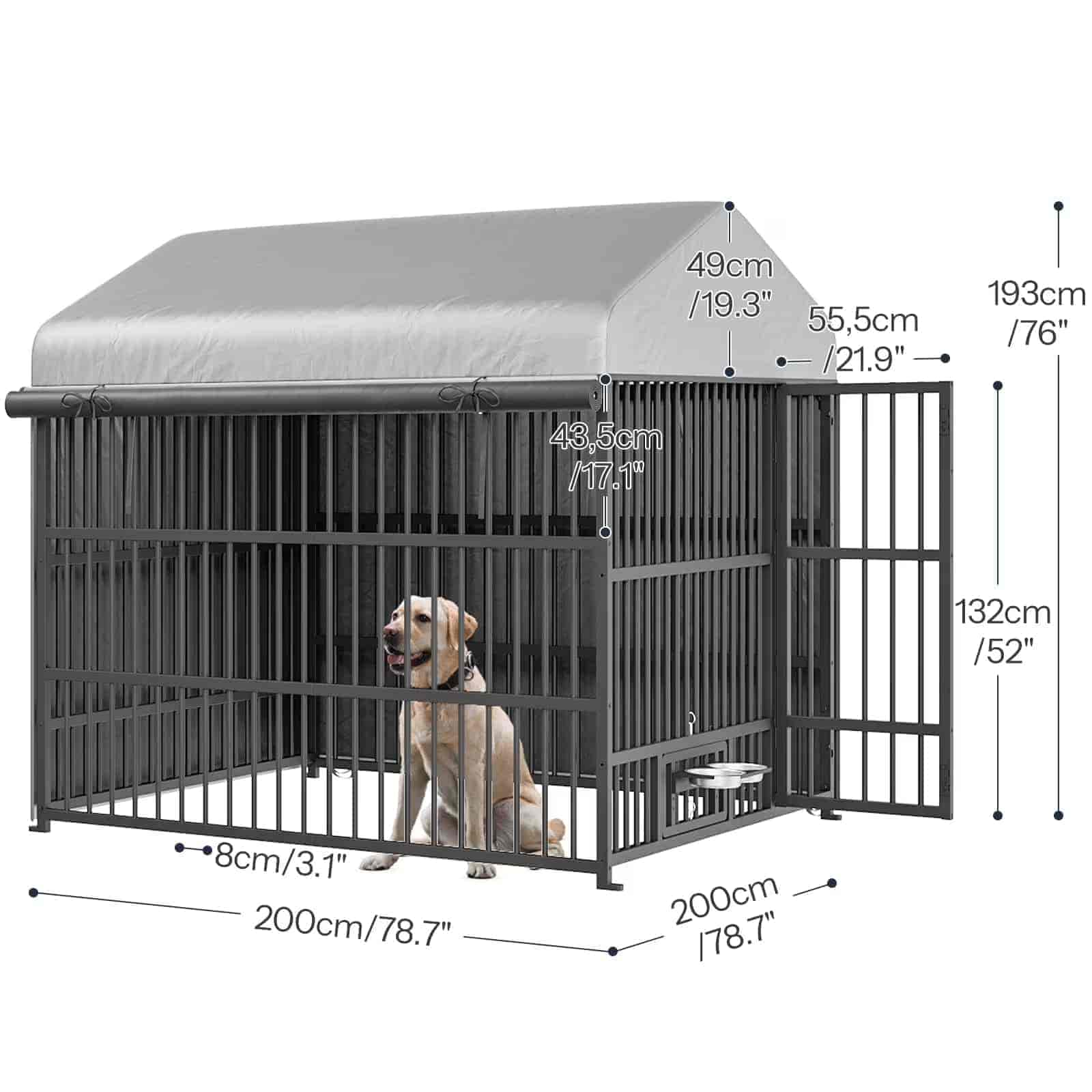 Dog crate with dimensions labeled on a white background