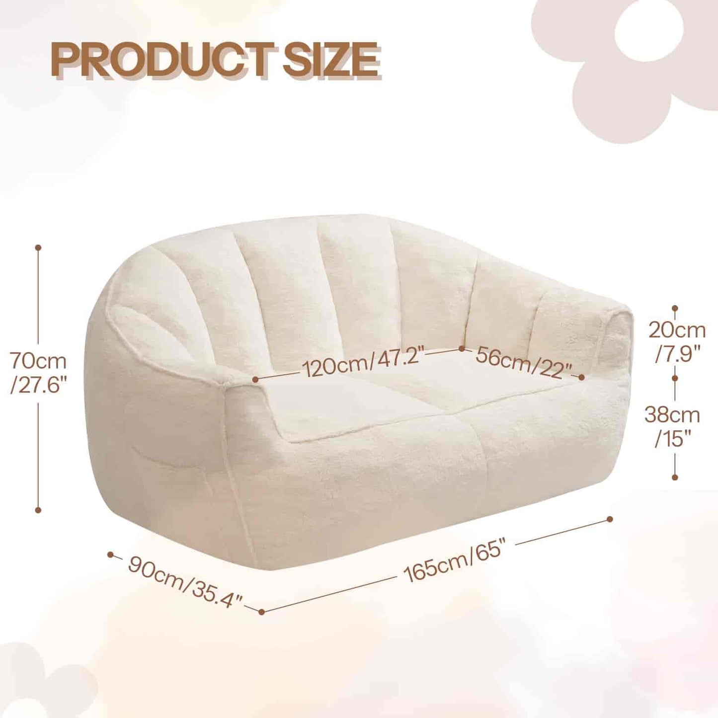 Beige bean bag chair with dimensions labeled on a light background