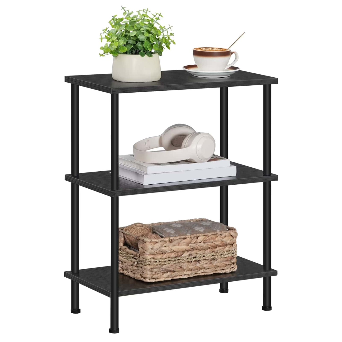Black three-tiered shelf with decorative items on a white background