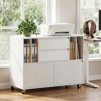 White storage cabinet with books and a printer in a bright room with large windows.