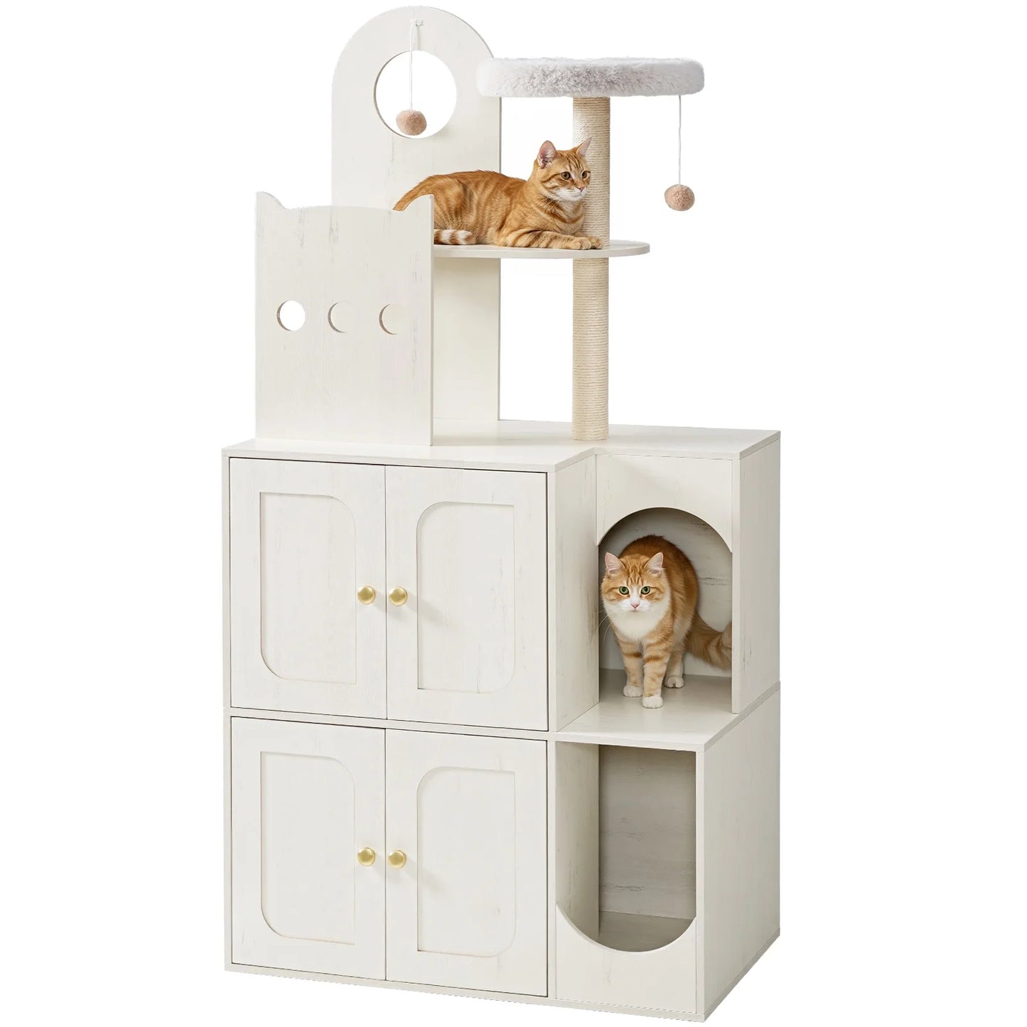 White cat tree with a cat sitting on top and another inside, on a white background