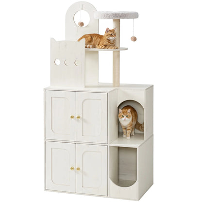 White cat tree with a cat sitting on top and another inside, on a white background