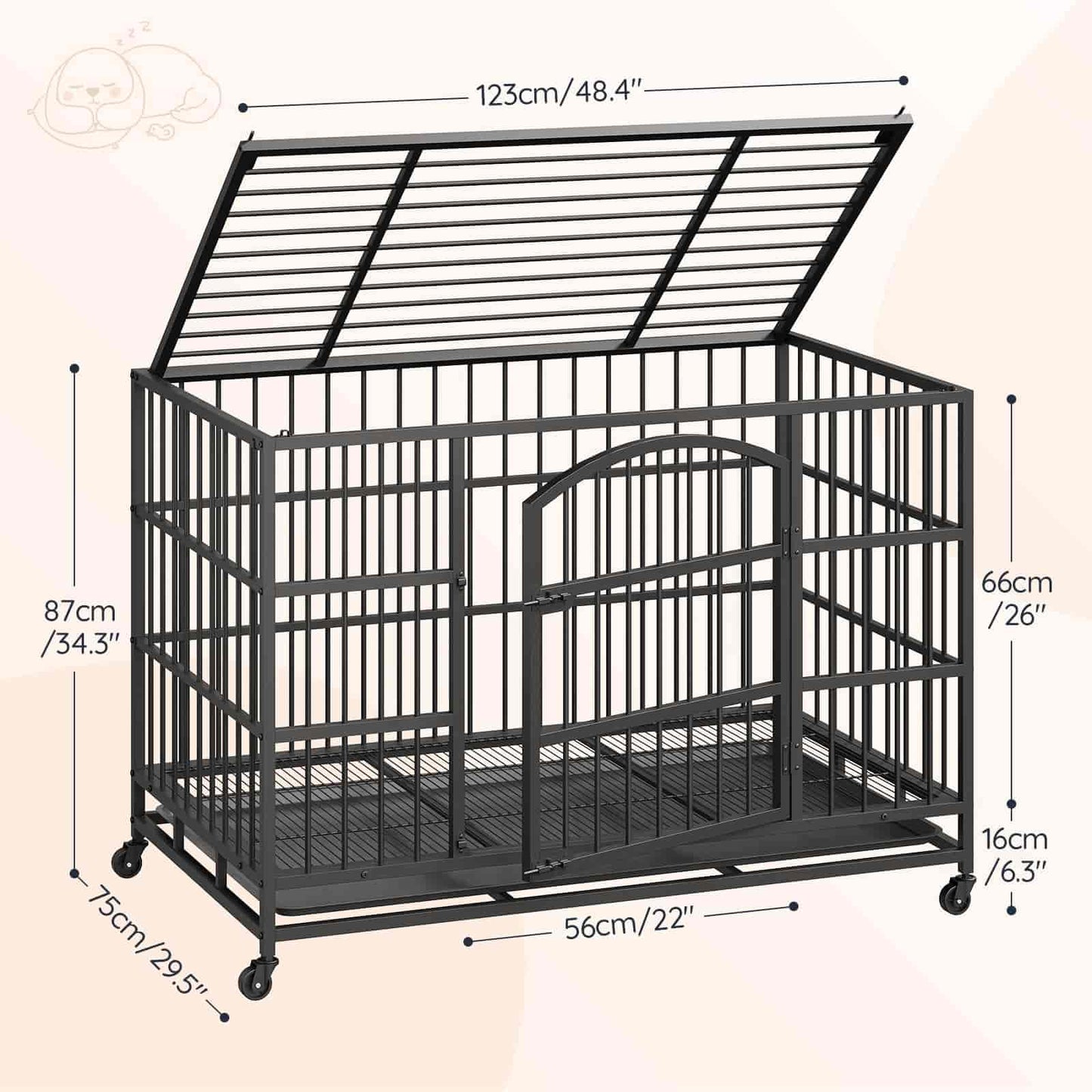 Black metal pet cage with dimensions on a beige background