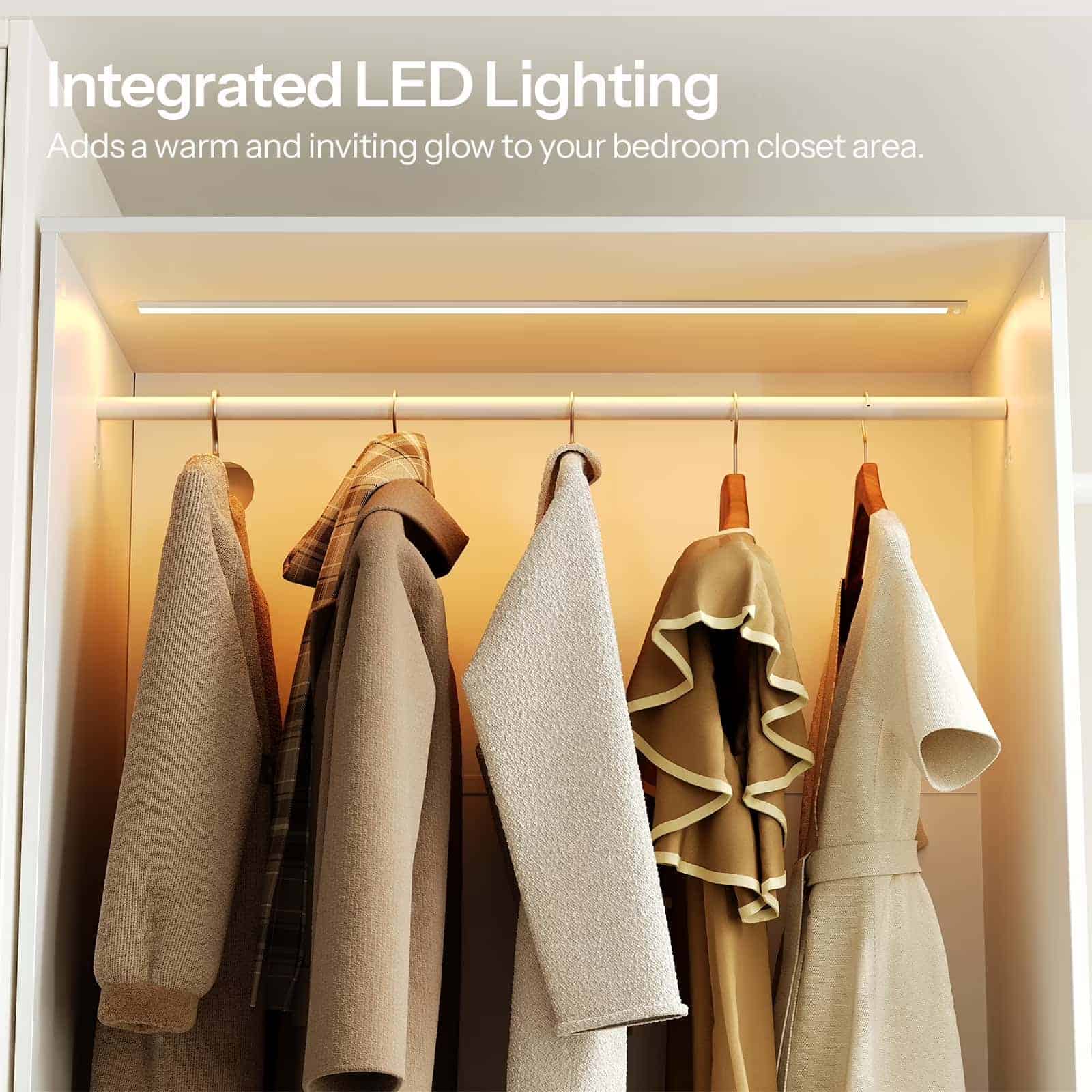 Closet with integrated LED lighting displaying hanging clothes.