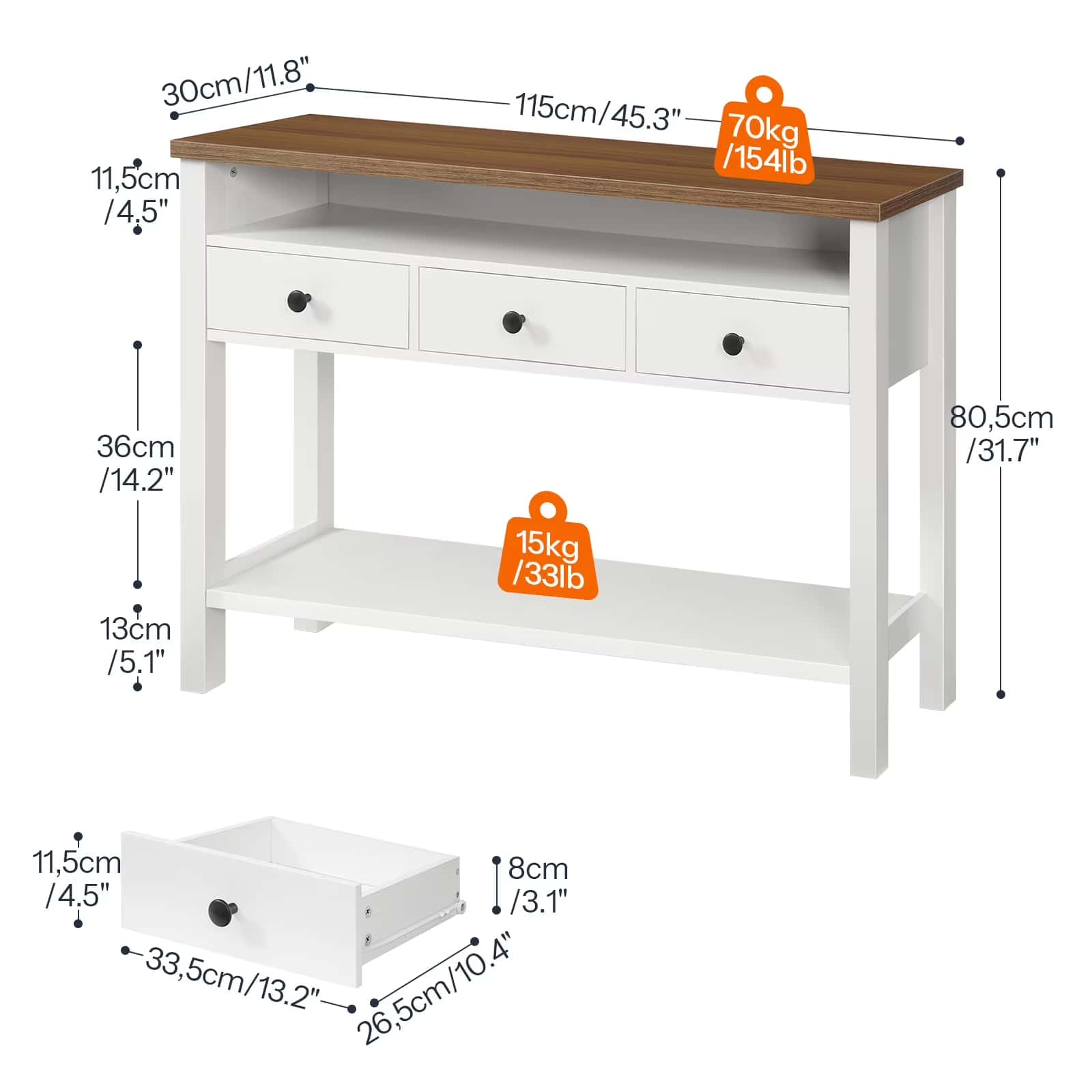 White console table with wooden top and dimensions labeled