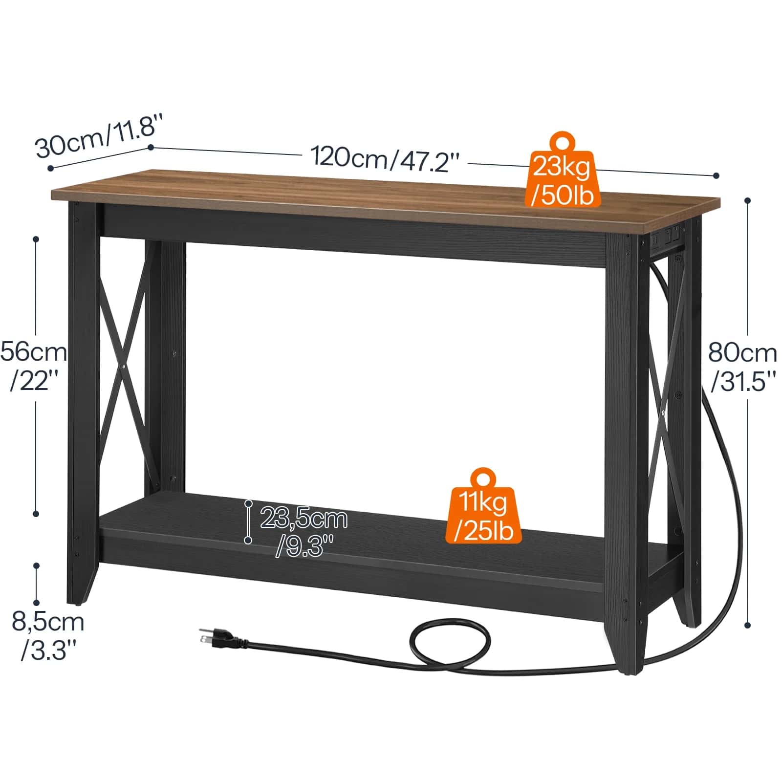 Wooden table with black metal frame, showing dimensions and weight on a white background