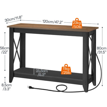 Wooden table with black metal frame, showing dimensions and weight on a white background