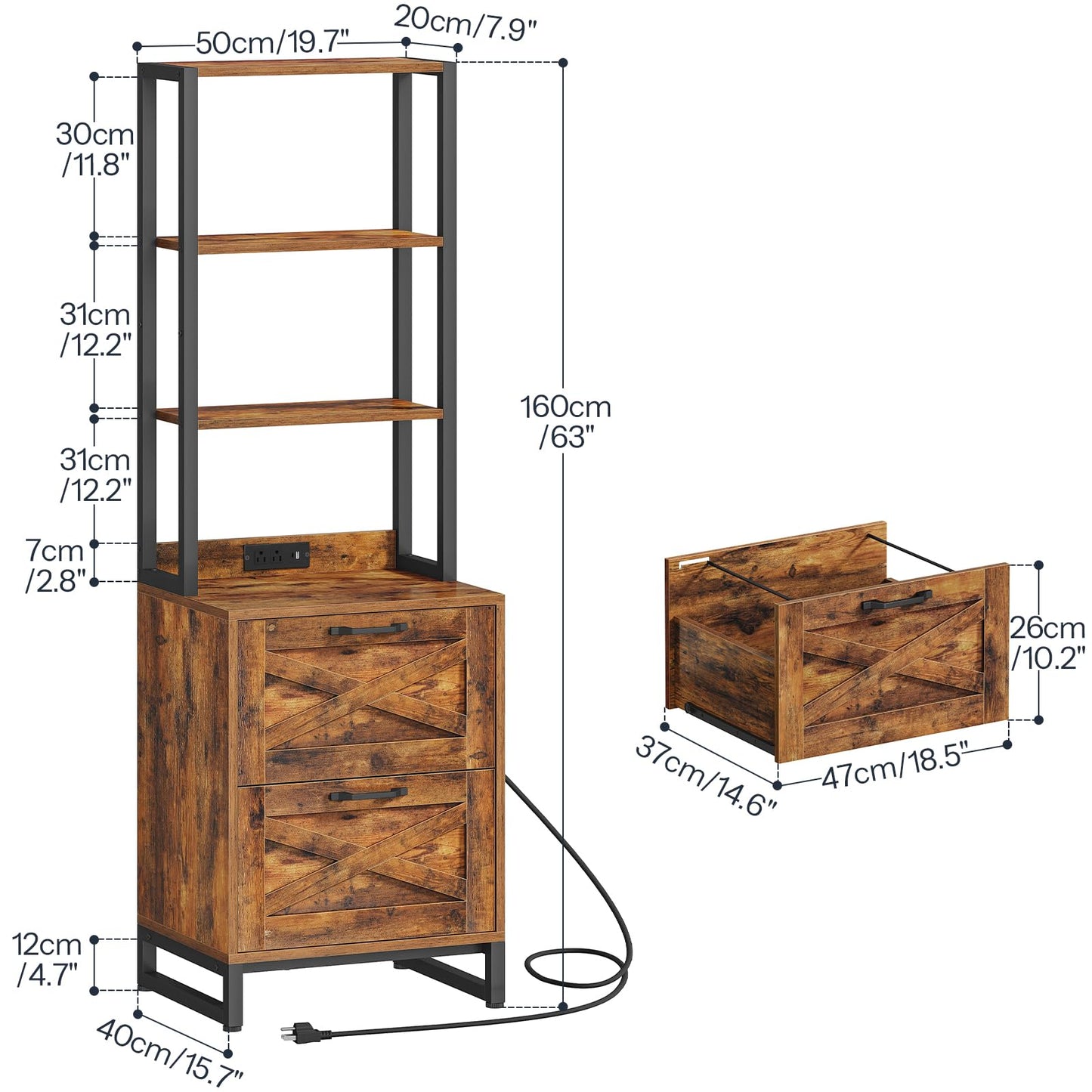 Wooden side table with dimensions labeled on a white background