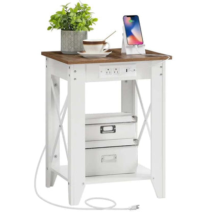 White side table with wooden top, plant, cup, and phone on a white background