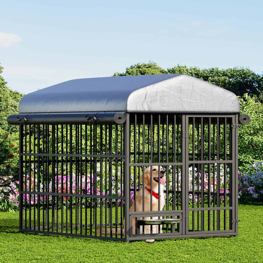 HOOBRO Outdoor Heavy-Duty Large Dog Kennel with Waterproof Cover & Rotating Feeding Bowls