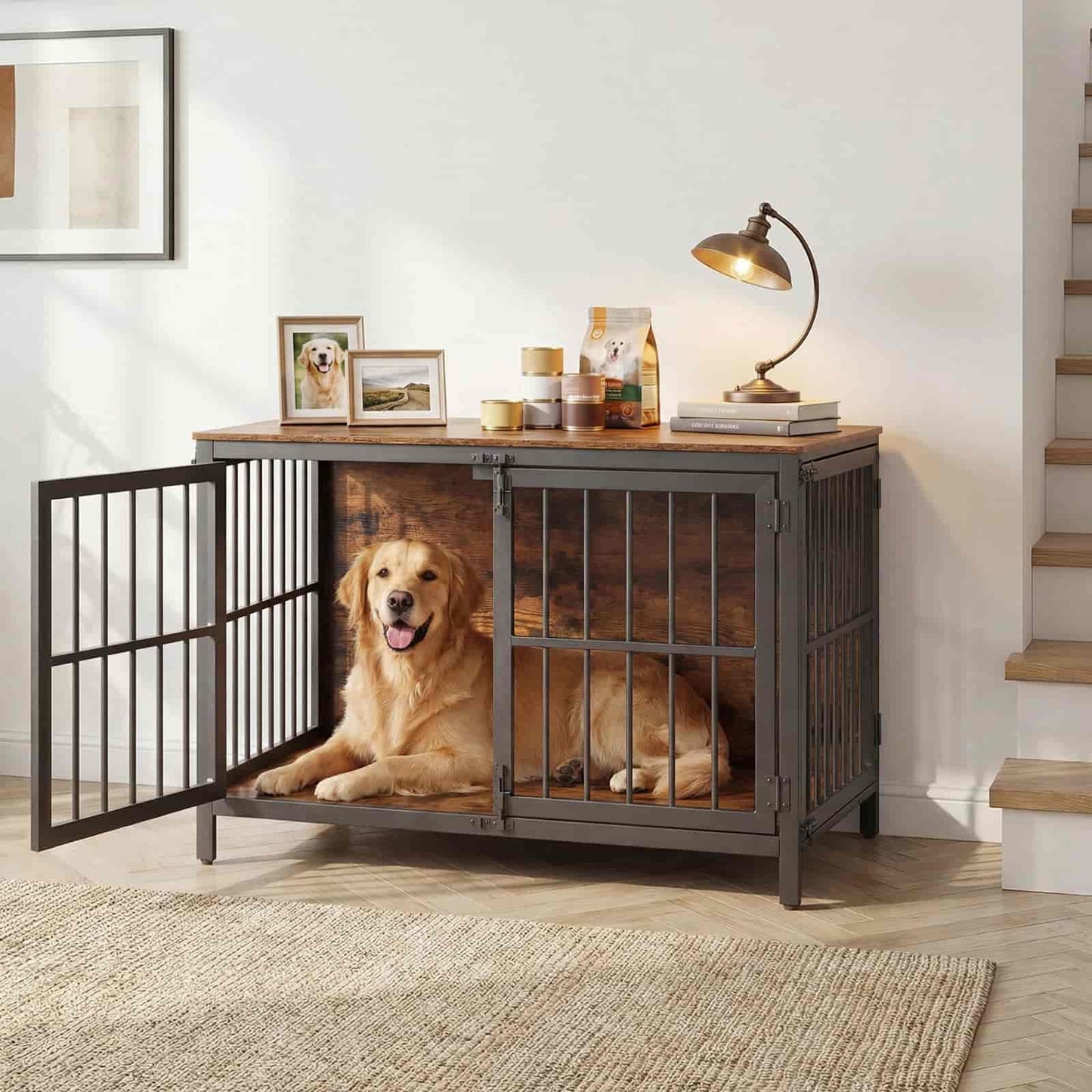 Dog sitting inside a wooden crate with metal bars in a home setting.