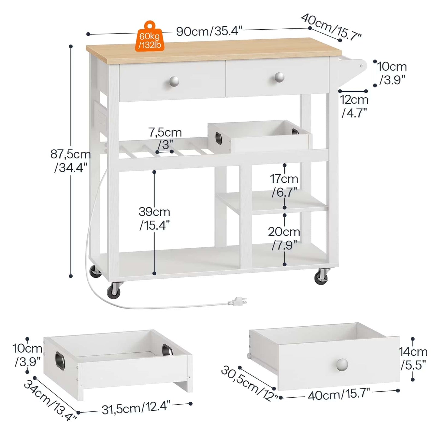 White kitchen cart with wooden top and measurements on a white background