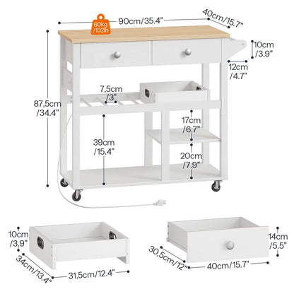 White kitchen cart with wooden top and measurements on a white background