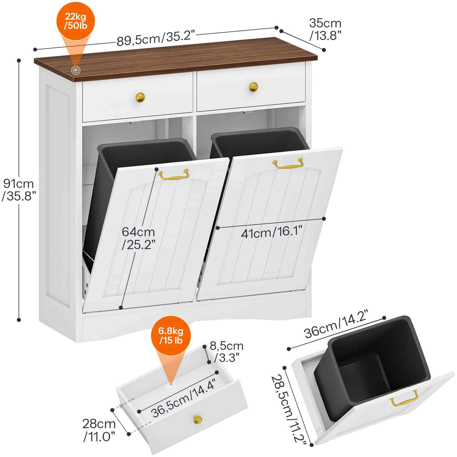 White cabinet with two black trash bins, showing dimensions and weight details.