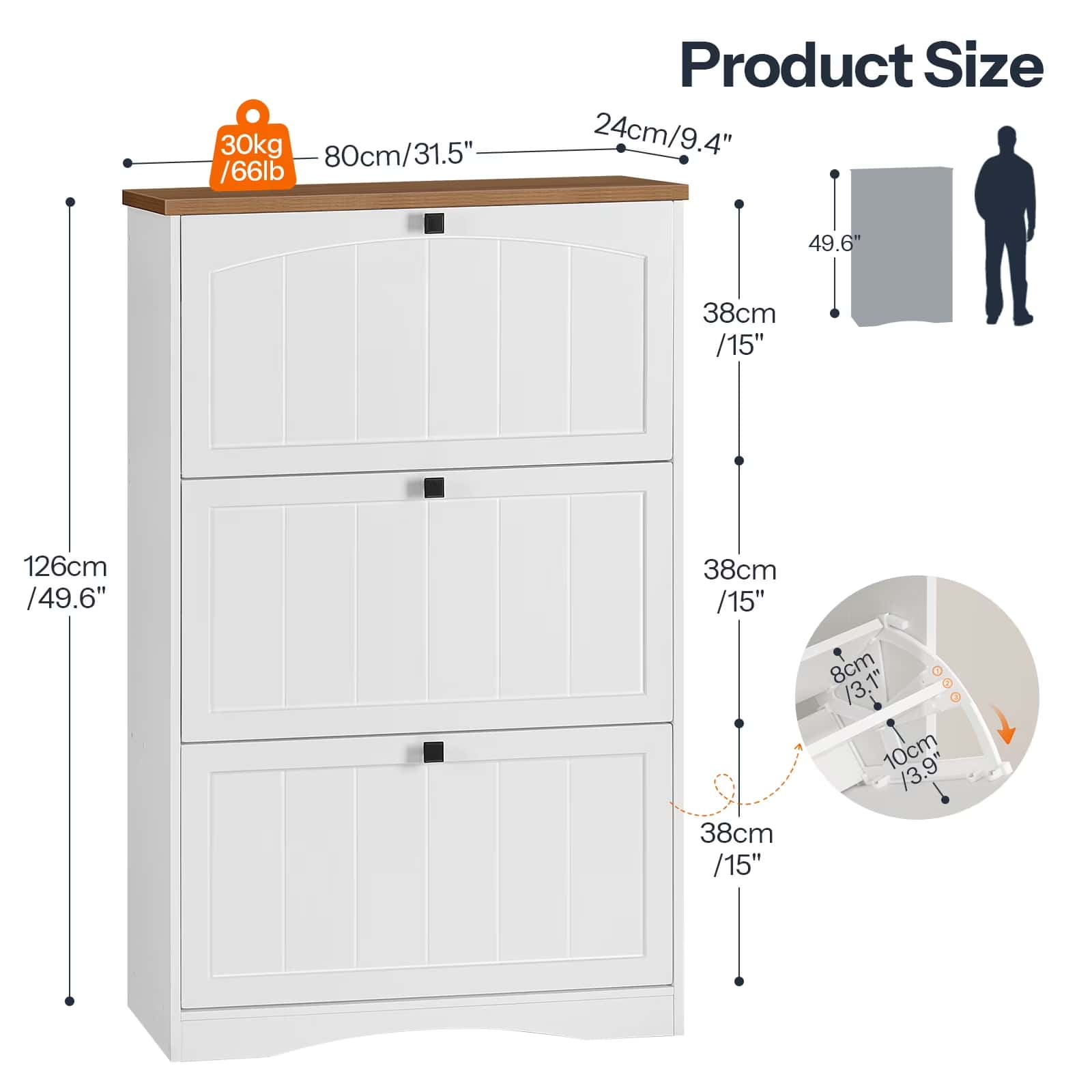 White shoe cabinet with dimensions and weight label on a white background