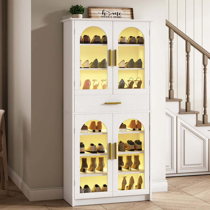 White shoe cabinet with glass doors displaying shoes in a home setting.