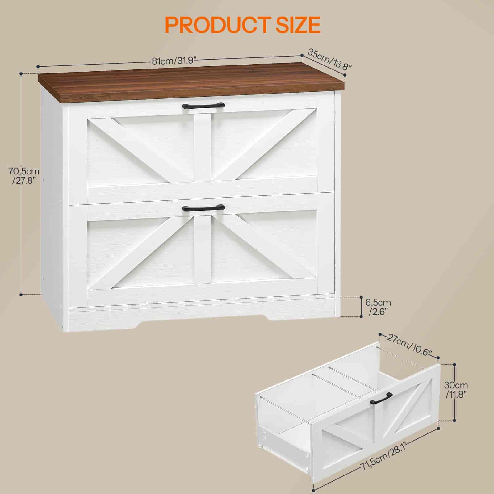 White storage cabinet with wooden top and dimensions on a beige background