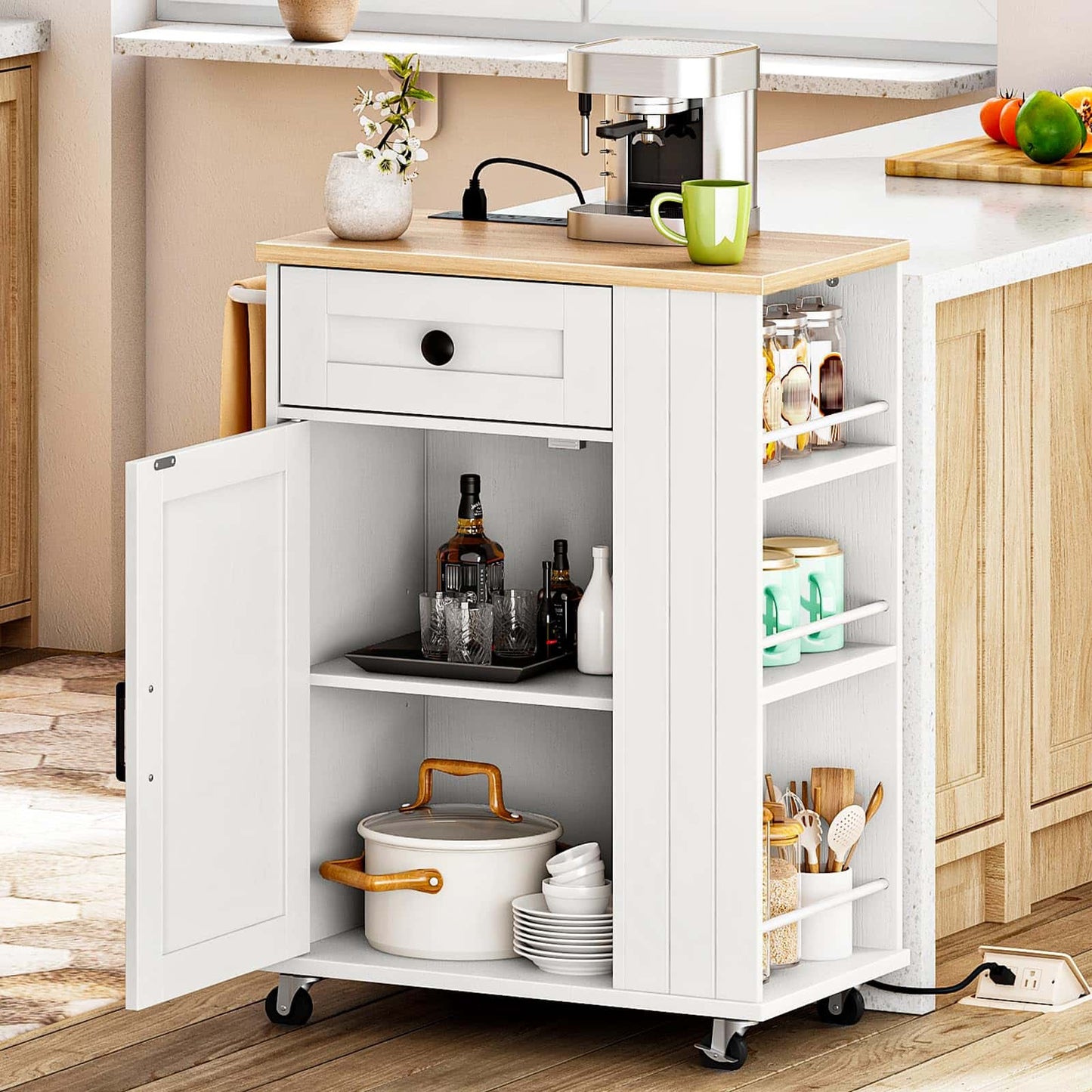 White kitchen cart with open door displaying kitchen items in a home setting.