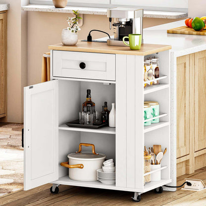 White kitchen cart with open door displaying kitchen items in a home setting.