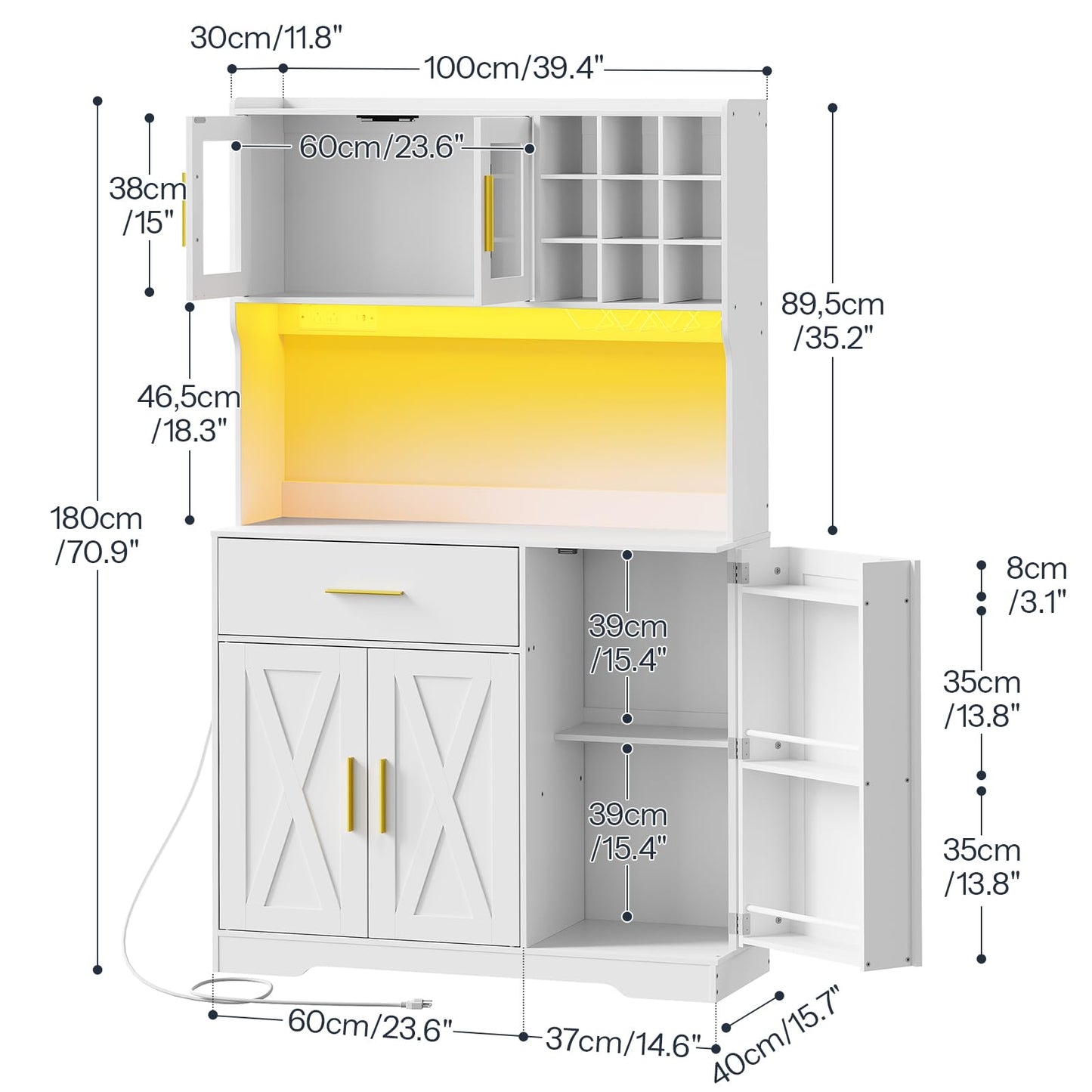 White kitchen cabinet with dimensions labeled on a white background