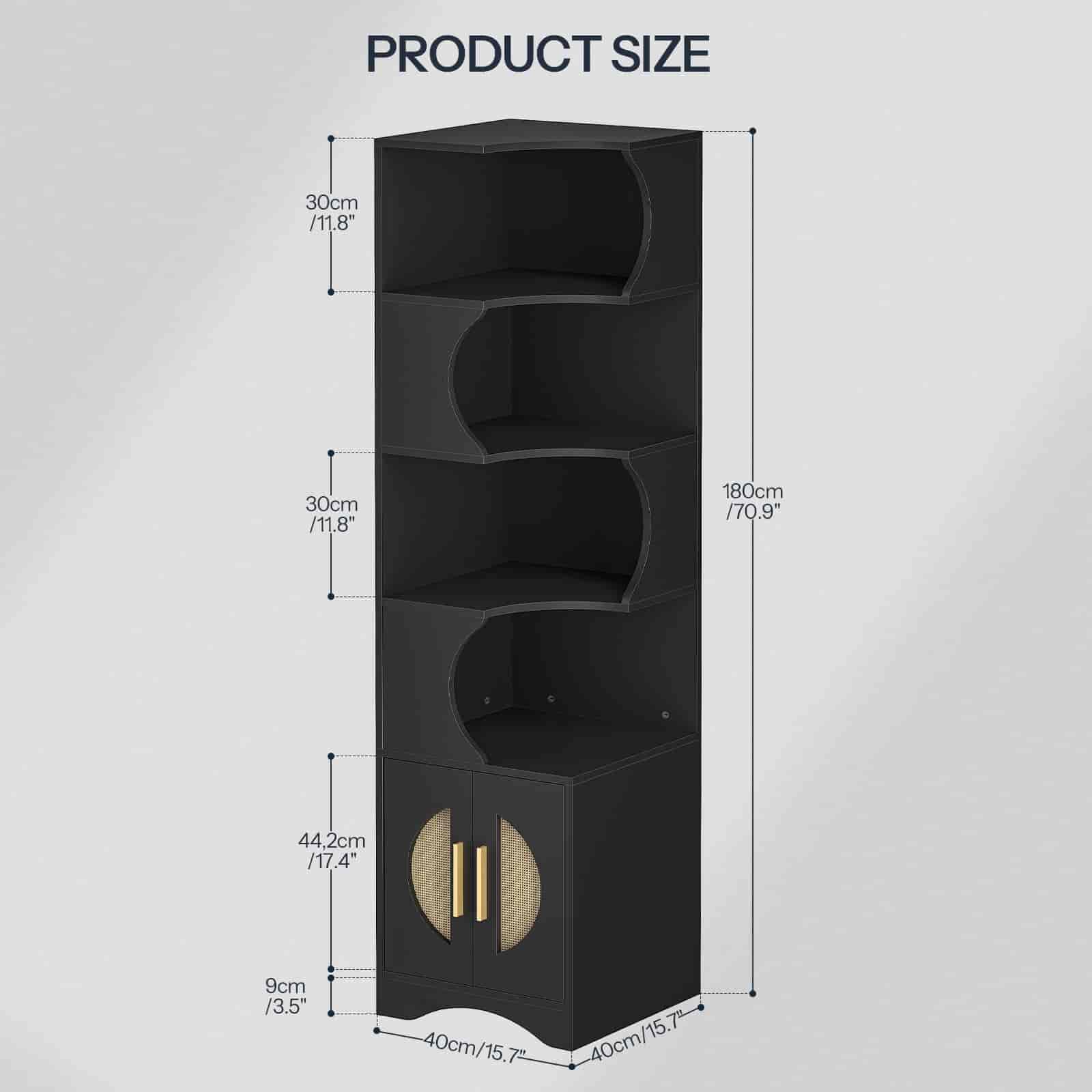 Black corner shelf with dimensions on a gray background