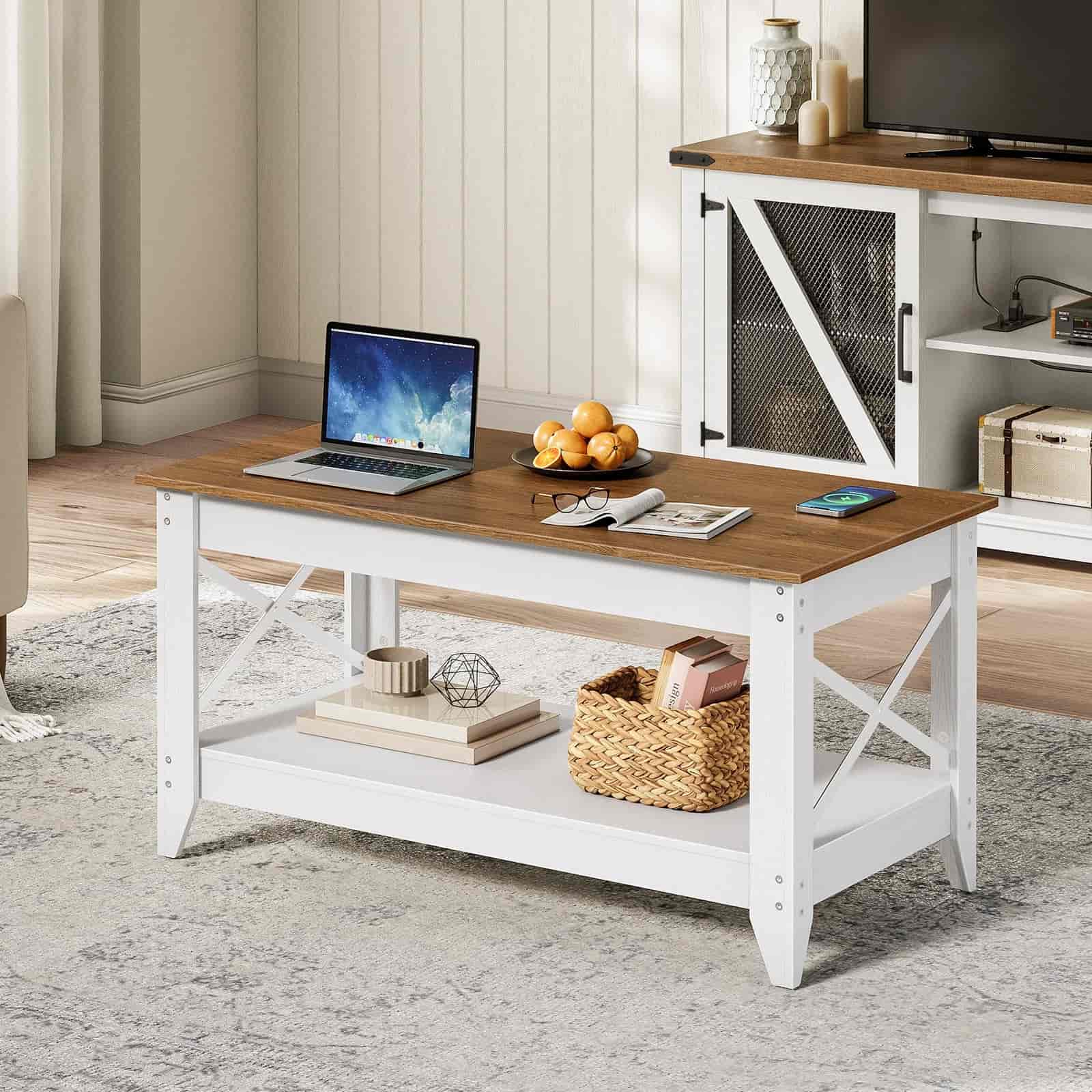 Wooden desk with a laptop, books, and decorative items in a home office setting.