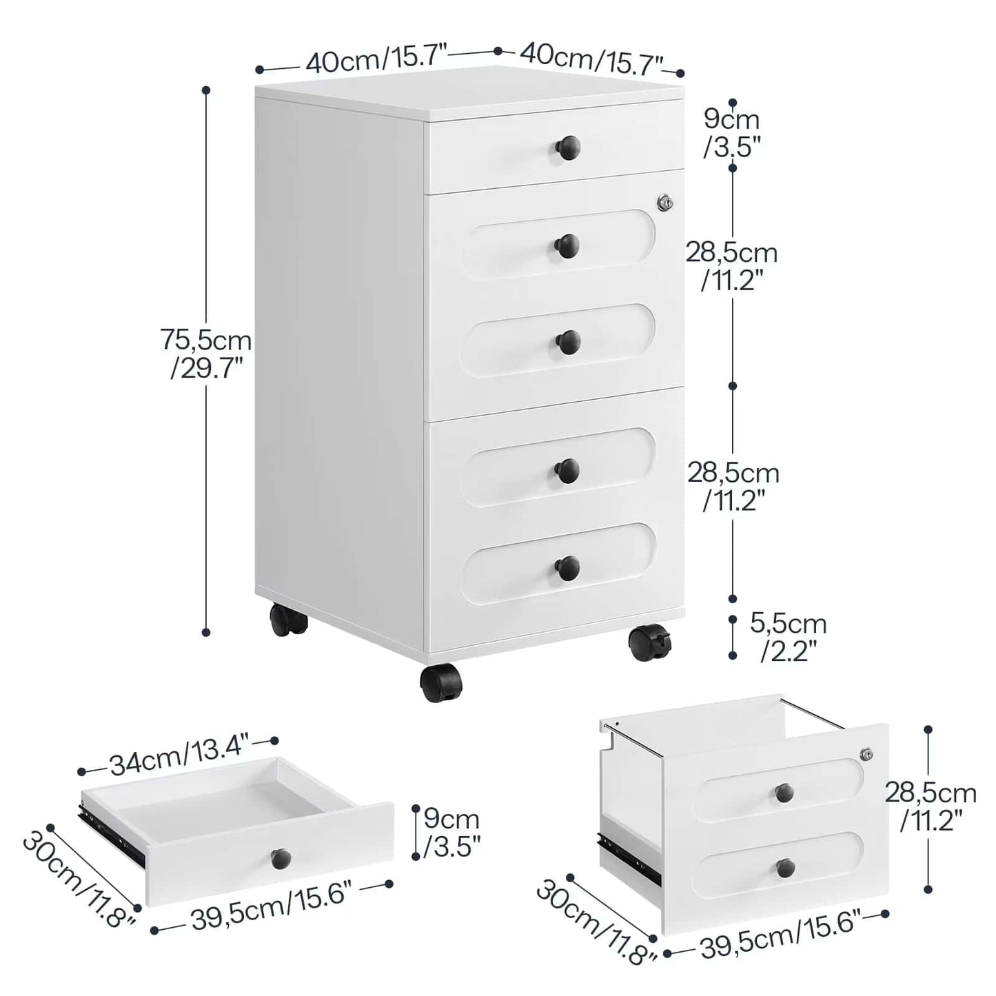 White dresser with dimensions labeled on a white background