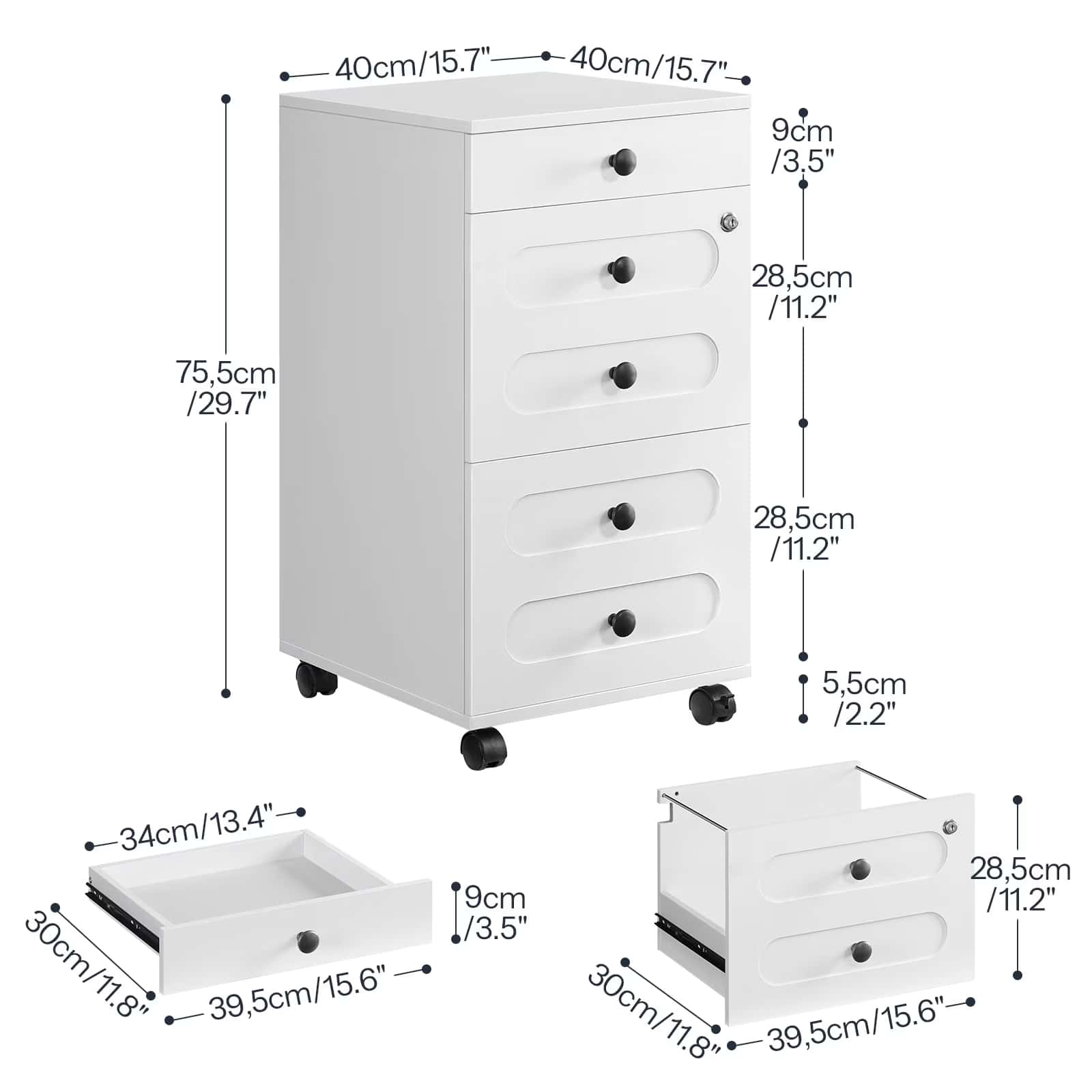 White dresser with dimensions labeled on a white background