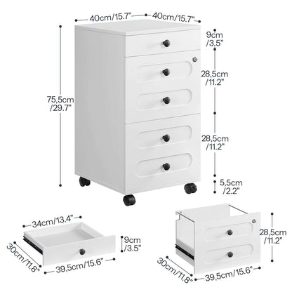 White dresser with dimensions labeled on a white background