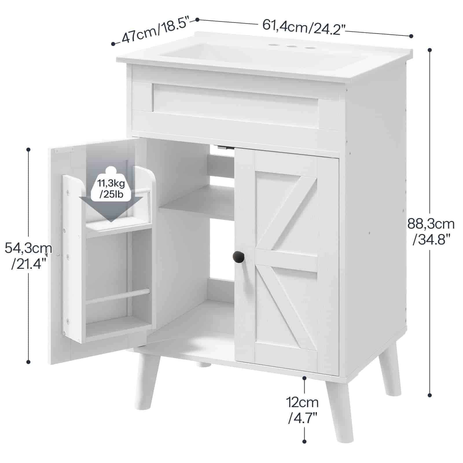 White wooden cabinet with dimensions labeled on a white background