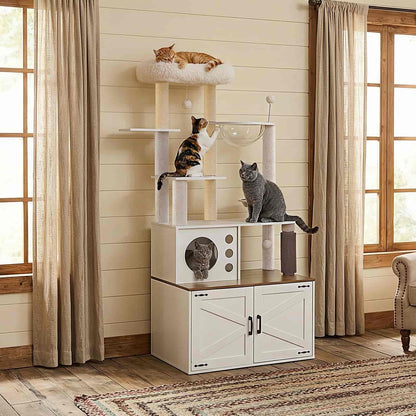 White cat tree with multiple levels and a cabinet, featuring three cats on different levels.