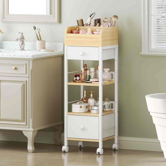 Bathroom cart with toiletries against a bathroom wall