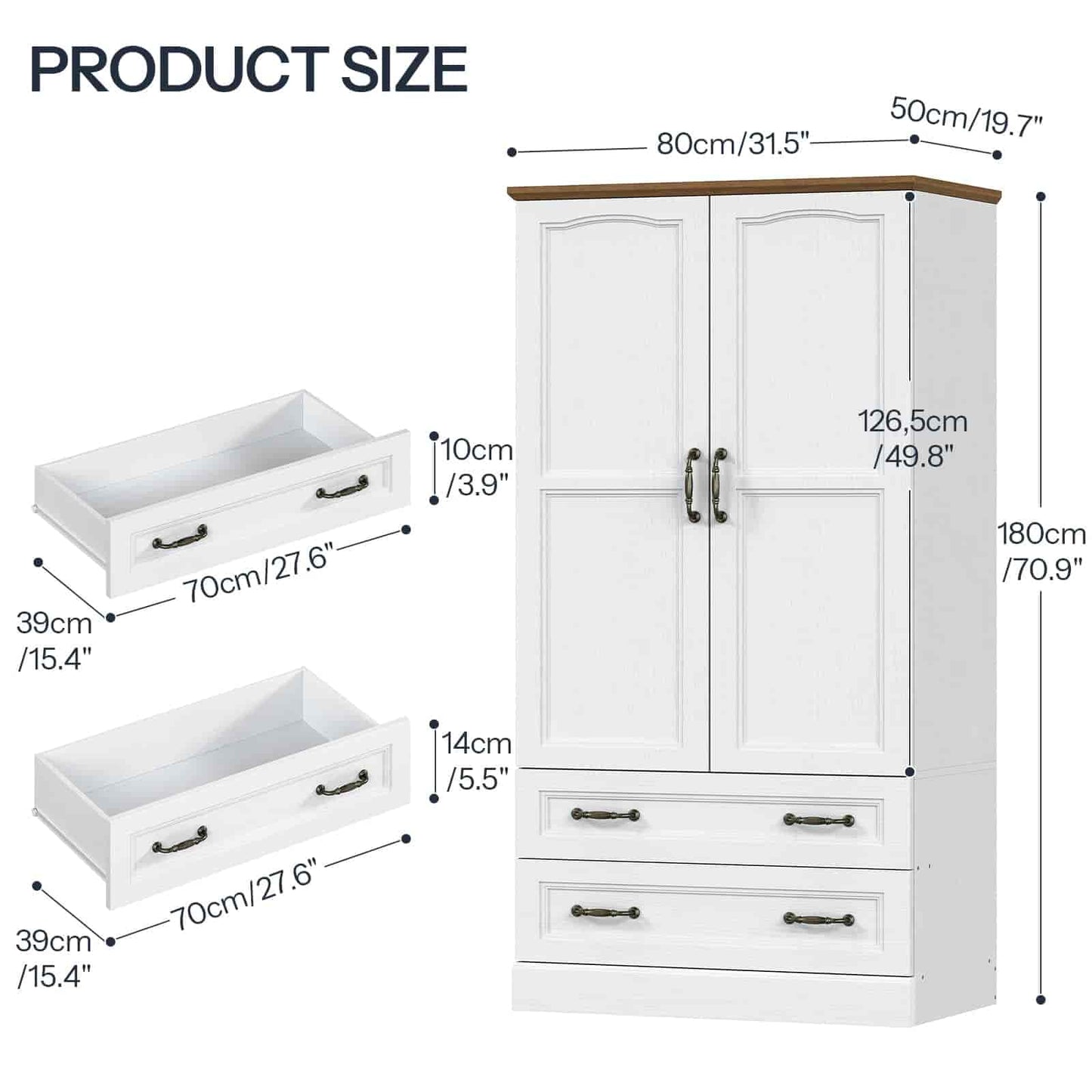 White wardrobe with dimensions labeled on a white background