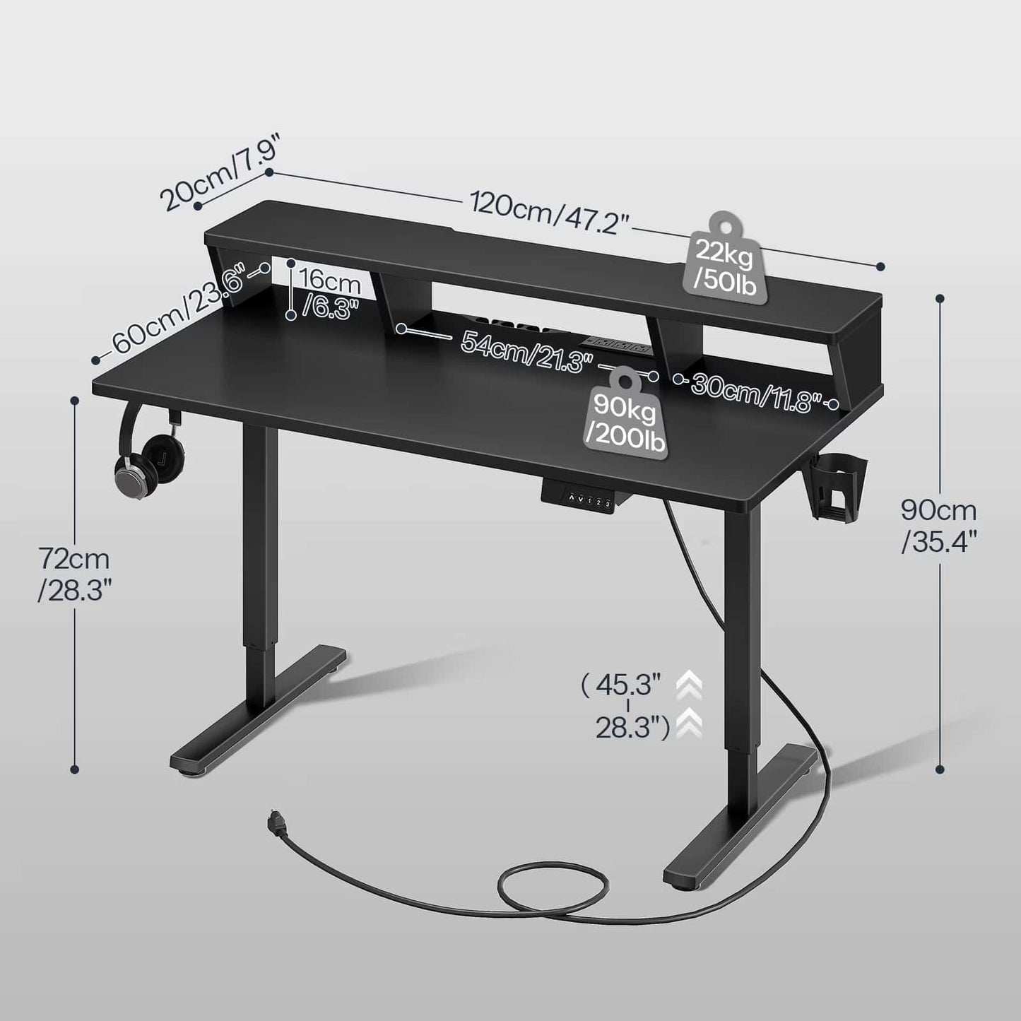Black adjustable desk with dimensions labeled on a gray background