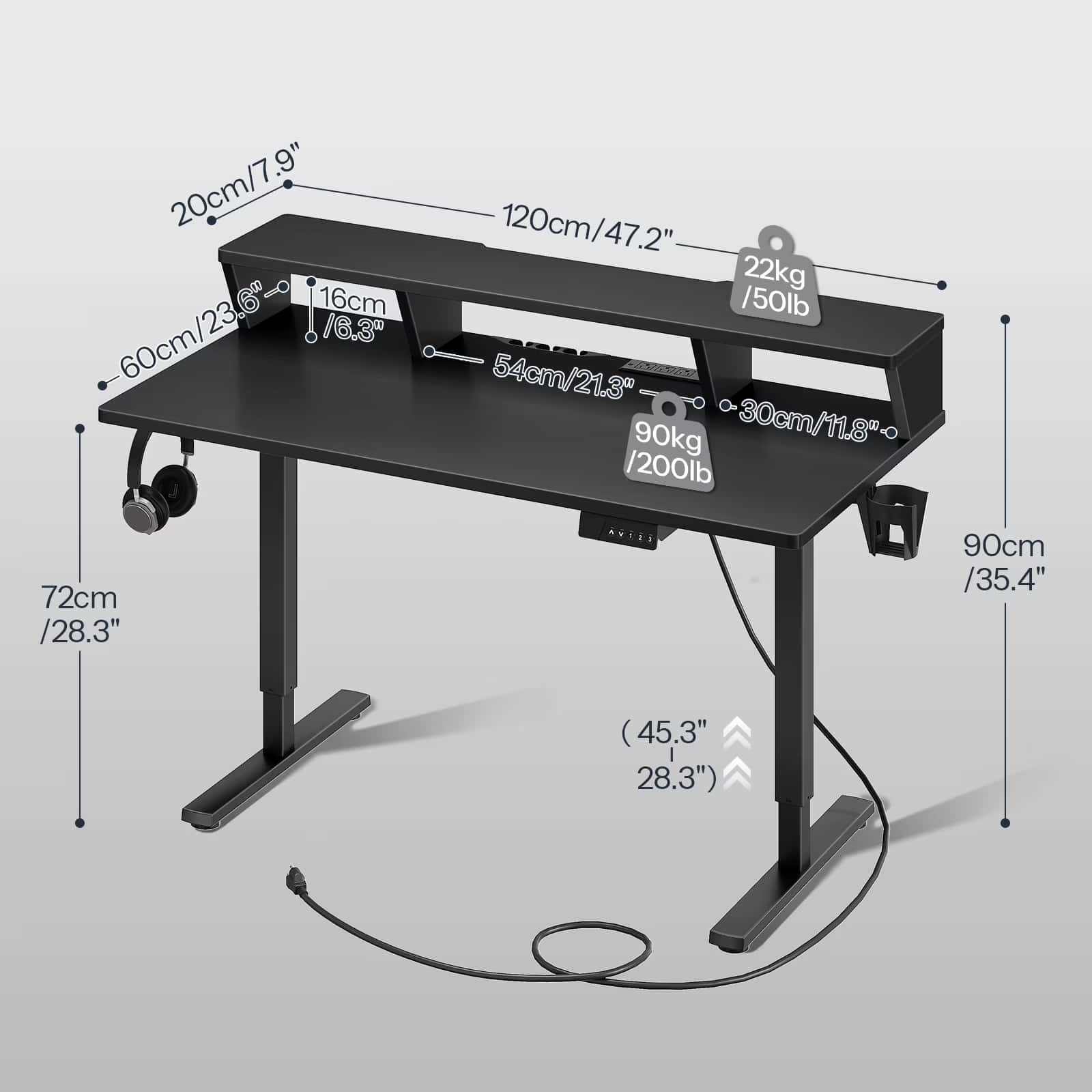 Black adjustable desk with dimensions labeled on a gray background
