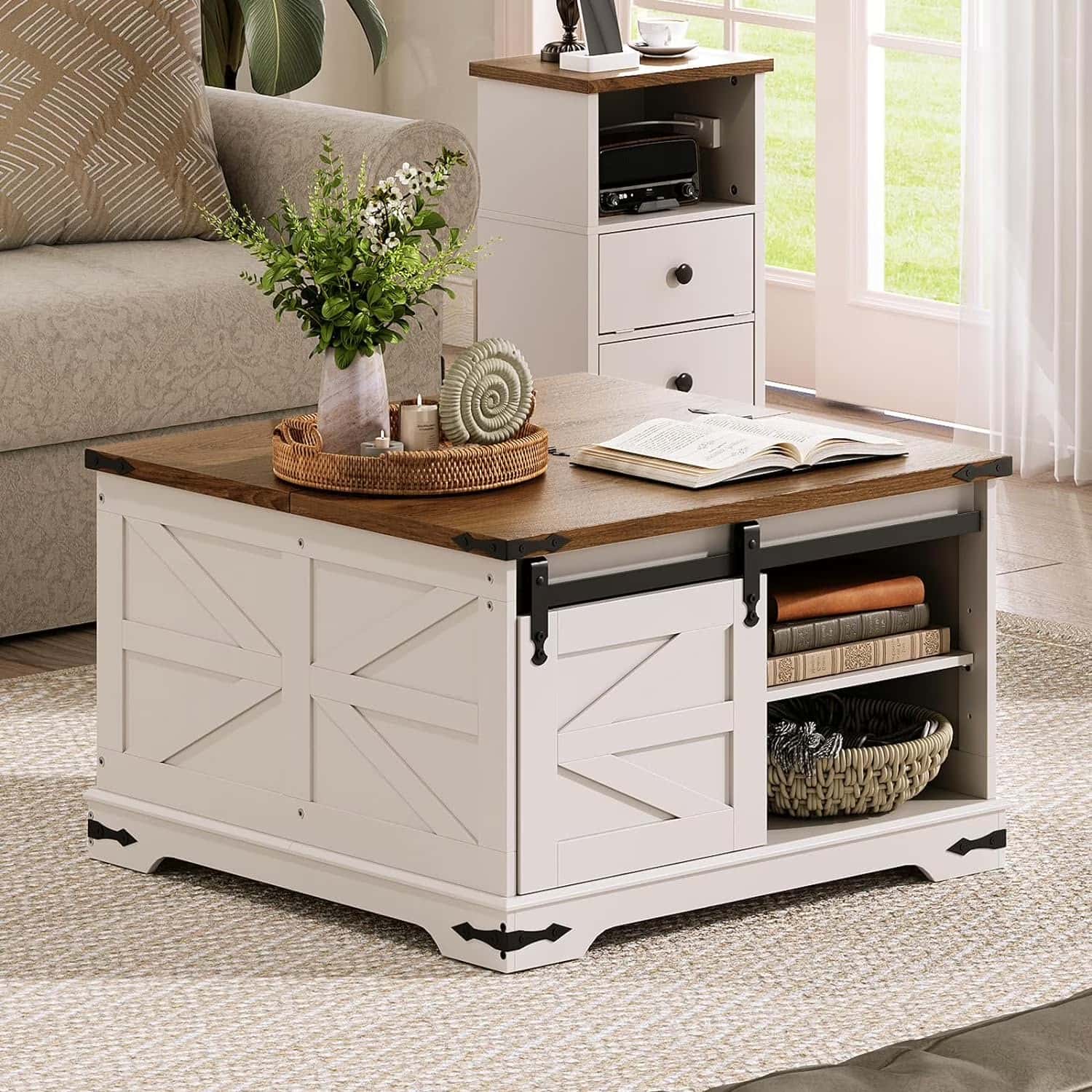 White storage coffee table with wooden top in a living room setting