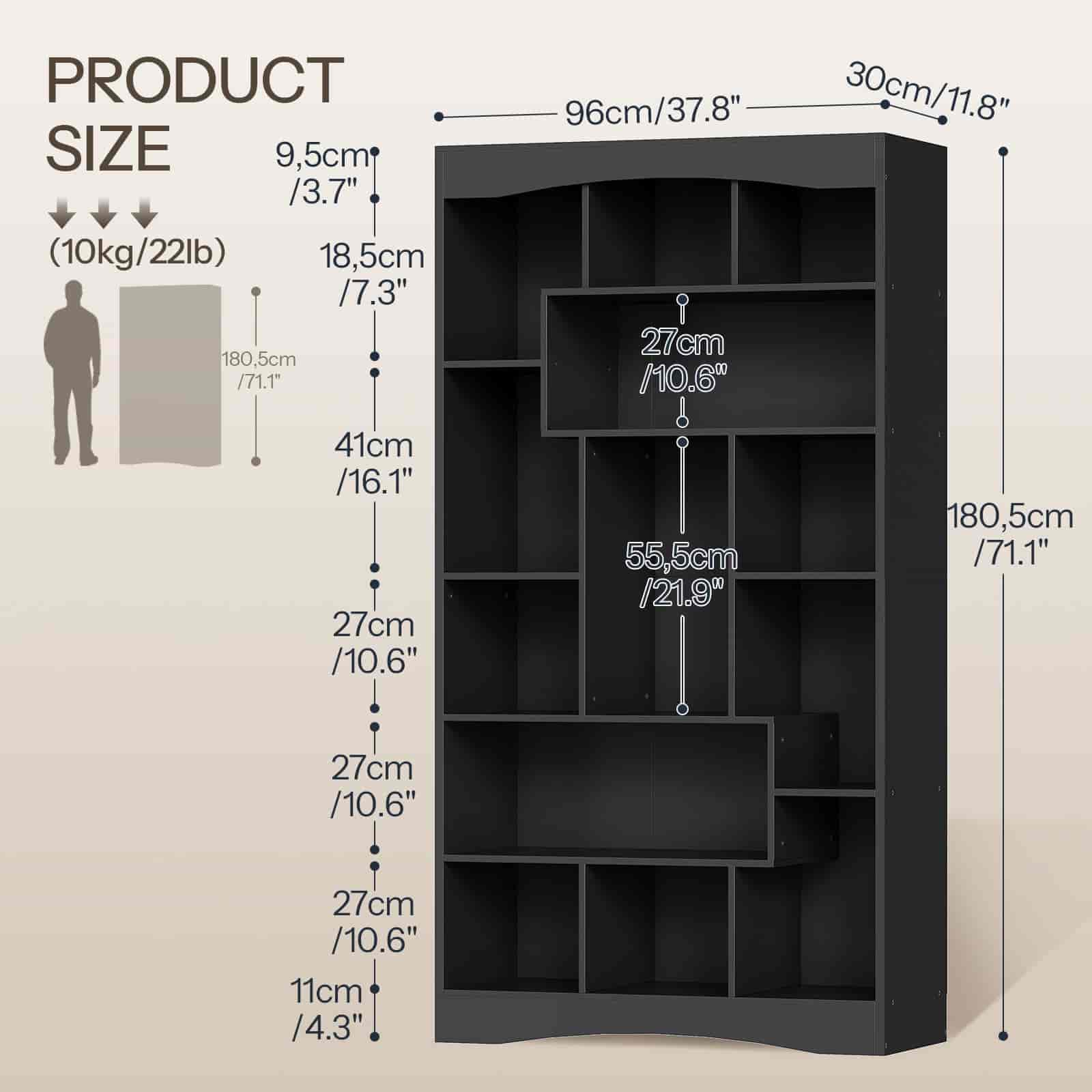Black bookshelf with dimensions labeled on a white background