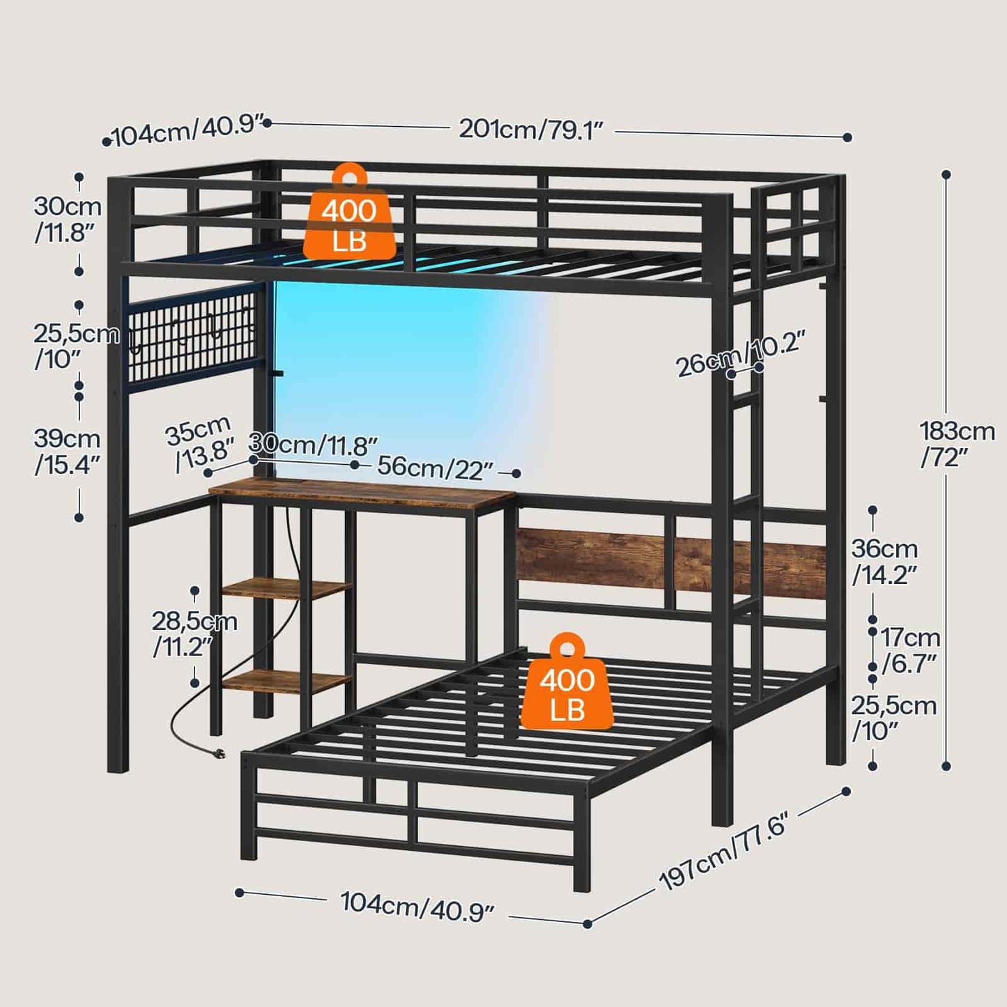 Bunk bed with desk and measurements on a beige background