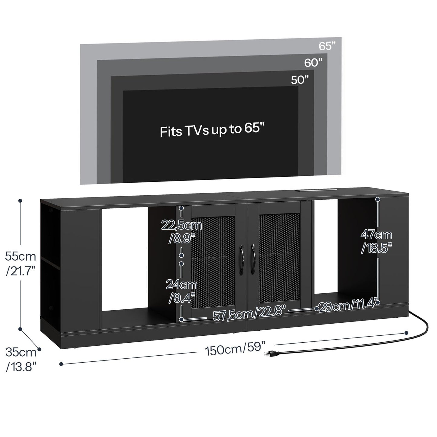 Black TV stand with dimensions labeled, accommodating TVs up to 65".
