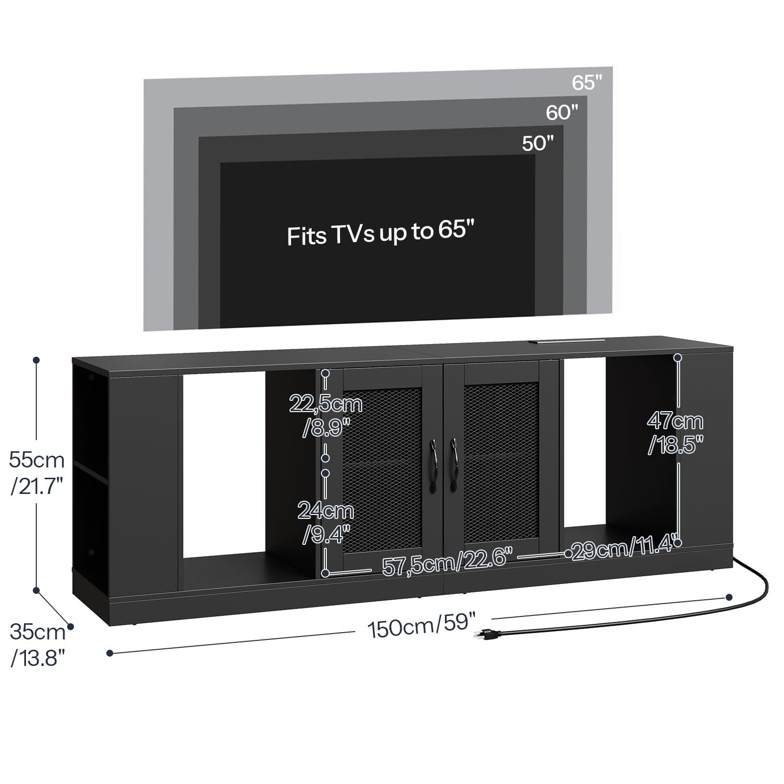 Black TV stand with dimensions labeled, accommodating TVs up to 65".