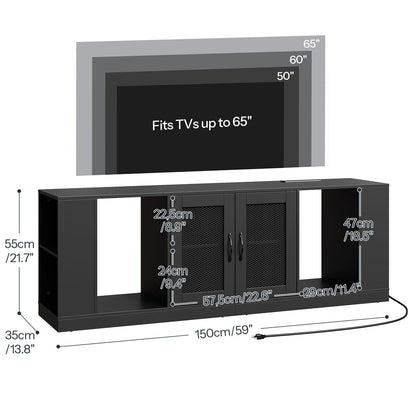 Black TV stand with dimensions labeled, accommodating TVs up to 65".