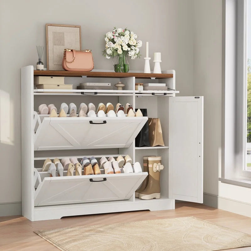 White shoe cabinet with multiple shelves displaying shoes, a handbag, and decorative items in a room.