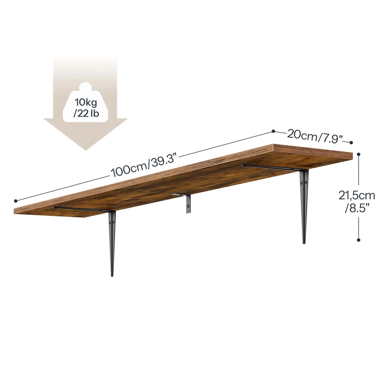 Wooden shelf with dimensions and weight capacity on a white background