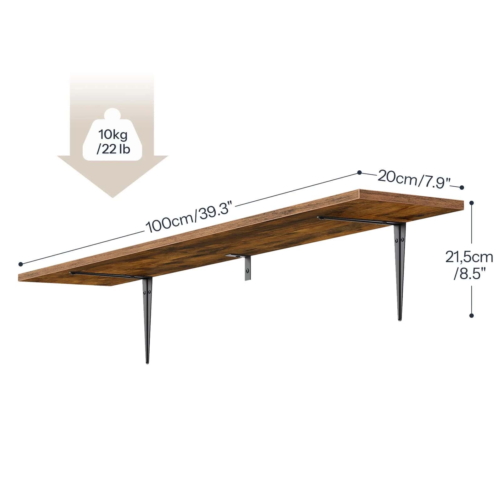 Wooden shelf with dimensions and weight capacity on a white background