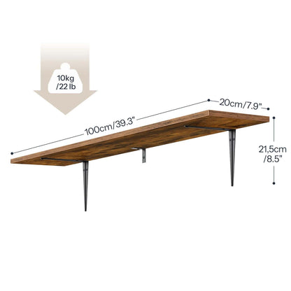 Wooden shelf with dimensions and weight capacity on a white background