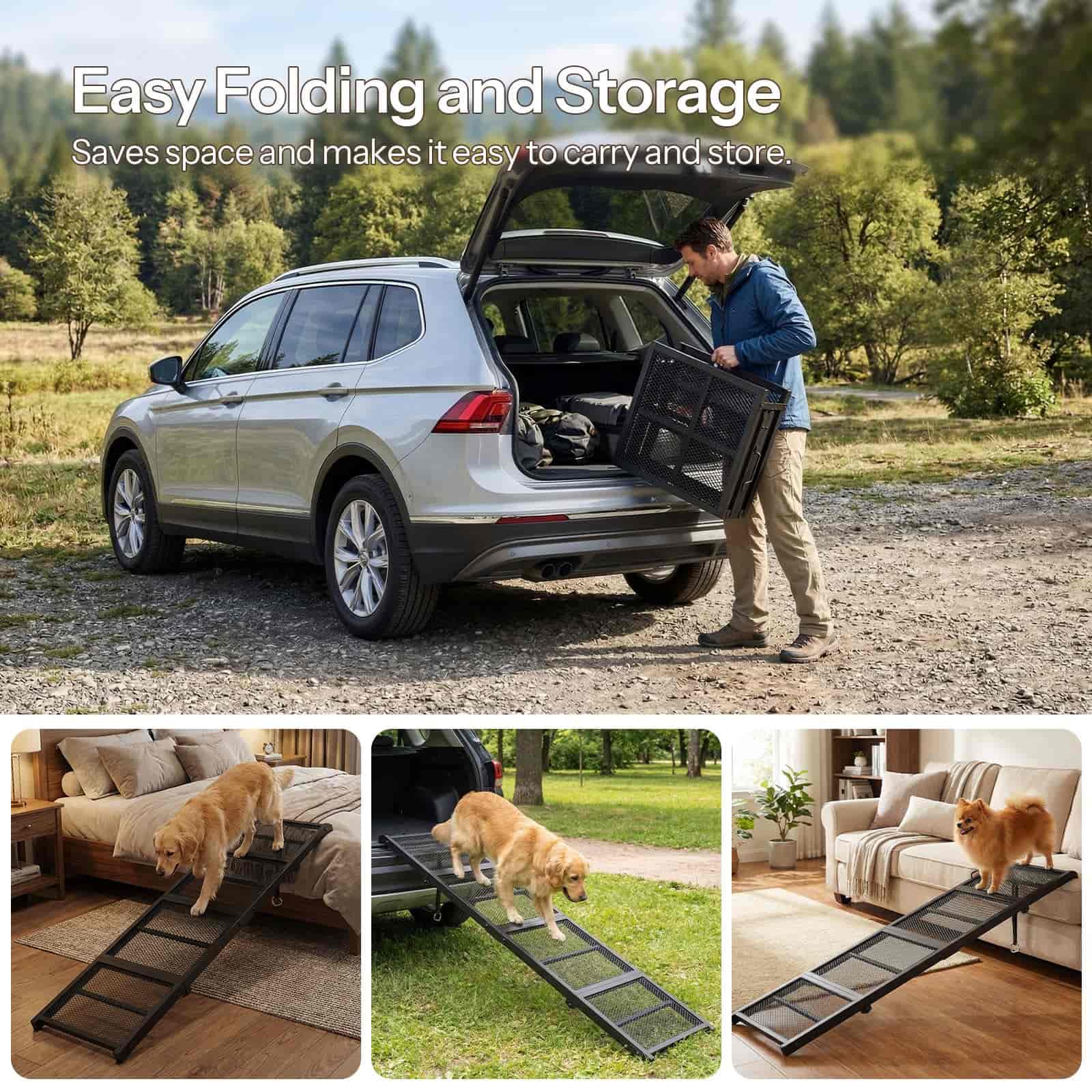 Man loading a folding pet ramp into a car with text about ease of folding and storage, followed by images of the ramp in use.