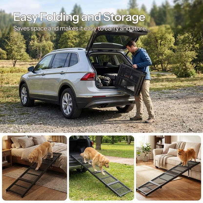 Man loading a folding pet ramp into a car with text about ease of folding and storage, followed by images of the ramp in use.