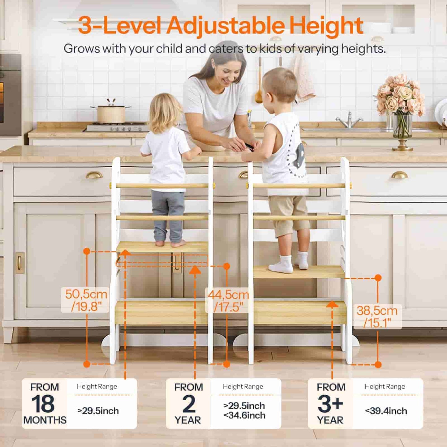 Three-level adjustable height ladder with measurements and usage information in a kitchen setting.