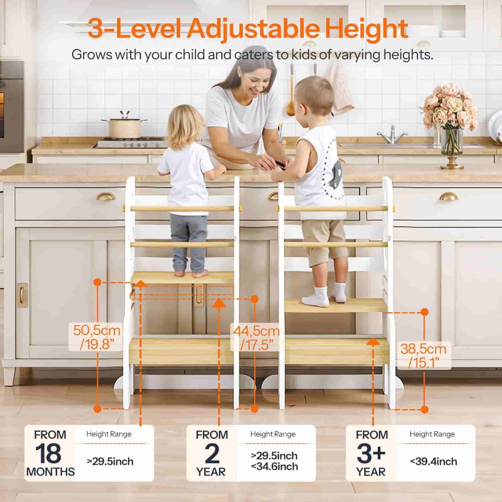 Three-level adjustable height ladder with measurements and usage information in a kitchen setting.